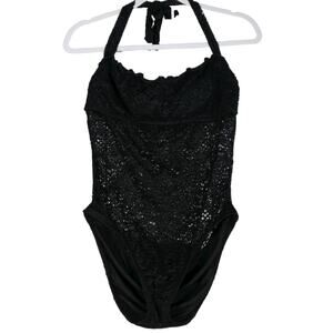 Mossimo Swimsuit Women Large Black Lace Halter One Piece Padded Sheer Detail NWT